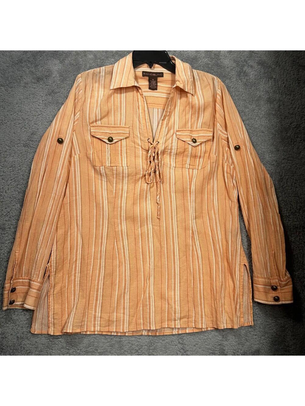 Bandolino Striped Tunic Womens 14 Orange White Cotton Lace Up Roll Tab Sleeve